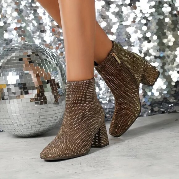 NWOT - Rhinestone Decor Chunky Heel Short Boots in Brown/Gold (Size 7) - Picture 5 of 14